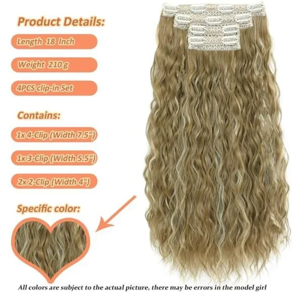 Hair Extensions Clip 18 Inch Synthetic Brown Honey golden brown&Blonde